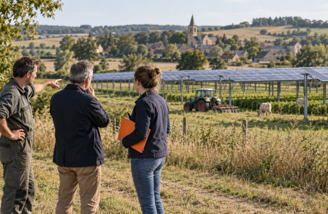 Agriculteur, élu local et porteur de projet discutant devant une installation agrivoltaïque